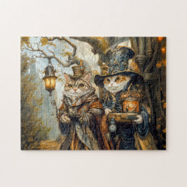 Två magiska katter i en Steampunk-fantasiscen Pussel