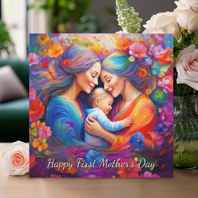 Två Mammor med Baby Första Mors dag Kort (Skapare uppladdad)