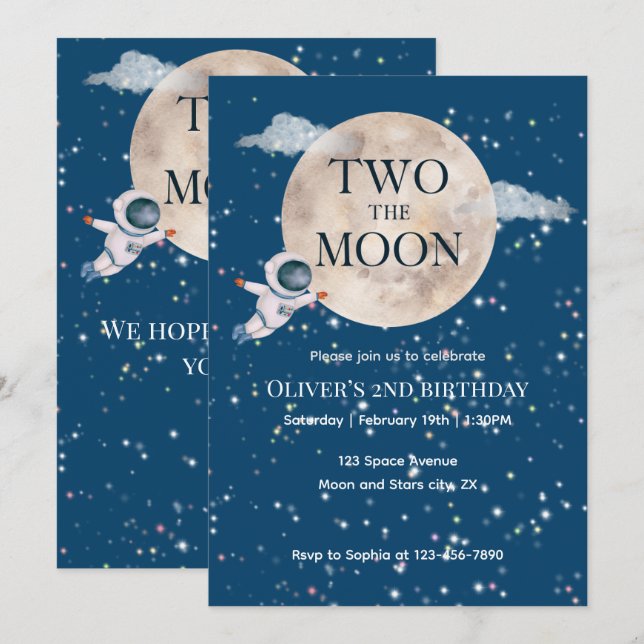 Två Måne Boy Space Astronaut 2:a dagen Modern Inbjudningar (Fram/baksida)