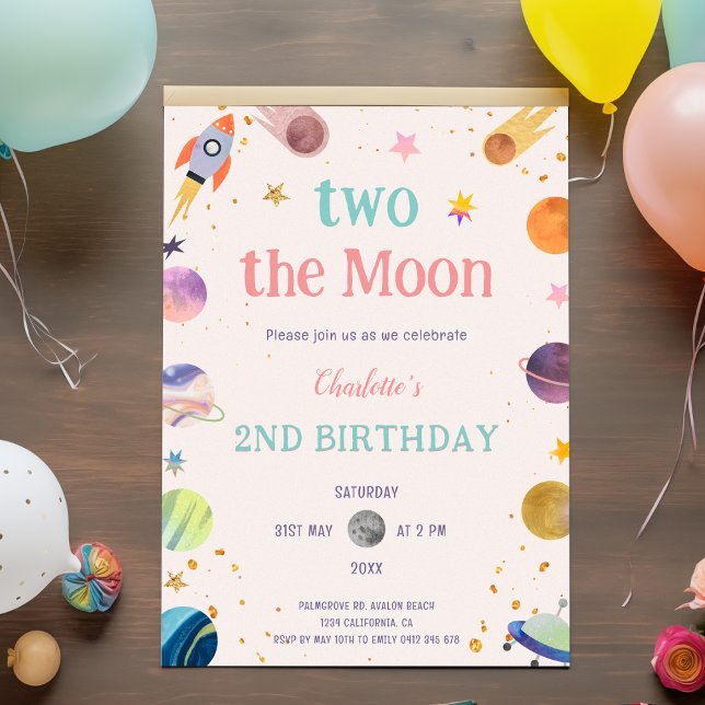 Två Måne Pastel Outerspace 2:a födelsedagen Inbjudningar (Two the Moon Pastel Outerspace Space 2nd Birthday Invitation)