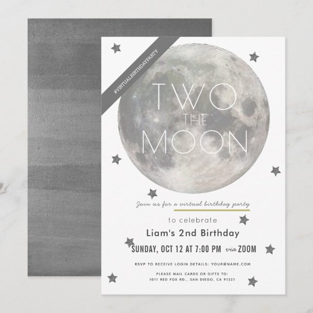 Två Måne White Silver Boy Virtuell 2:a födelsedage Inbjudningar (Fram/baksida)