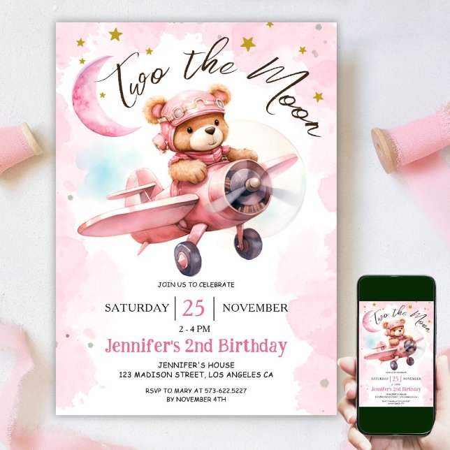TVA månen | 2-års födelsedagsflicka Rosa  Inbjudningar (Skapare uppladdad)