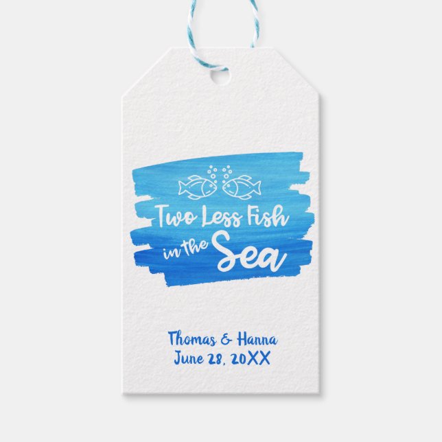 Två mindre fiskar i havsvattenfärgen Bröllop Presentetikett (Framsidan)
