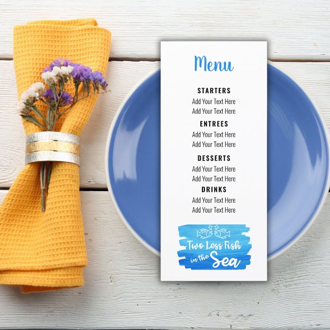 Två mindre fiskar i kustnära Beach bröllop vid hav Meny (two less fish in the sea whimsical casual wedding menu)