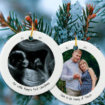 Två minimalister för Photo Sonogram Gravid Cute Julgransprydnad Keramik<br><div class="desc">Minimalistisk prydnad med dina anpassningsbar-foton och söt handskriven stil-typografi. Designen är dubbla-sidig och redot är inställt för att du ska kunna lägga till foton och personliger längst fram och bakåt. Exempelformuleringen lyder "vår lilla bups första julklapp" och du kan redigera den som du vill.</div>
