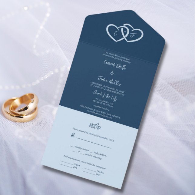 Två minimalisthjärtan, sammanflätad och Initialer  (Minimalist Two Hearts Intertwined & Initials Blue All In One Invitation)