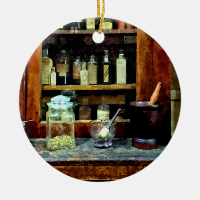 Två Mortar och Pestles och Glass Burk Julgransprydnad Keramik (Framsidan)