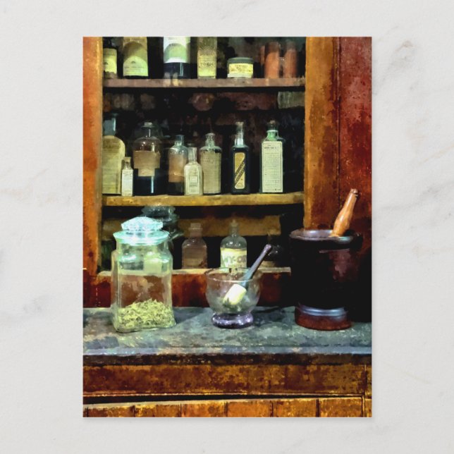 Två Mortar och Pestles och Glass Burk Vykort (Framsida)