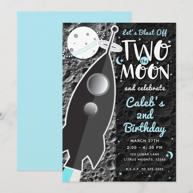 TVÅ MOT MÅNEN Rymdfarkost Rymden 2-års födelsedags Inbjudningar (Fram/baksida)