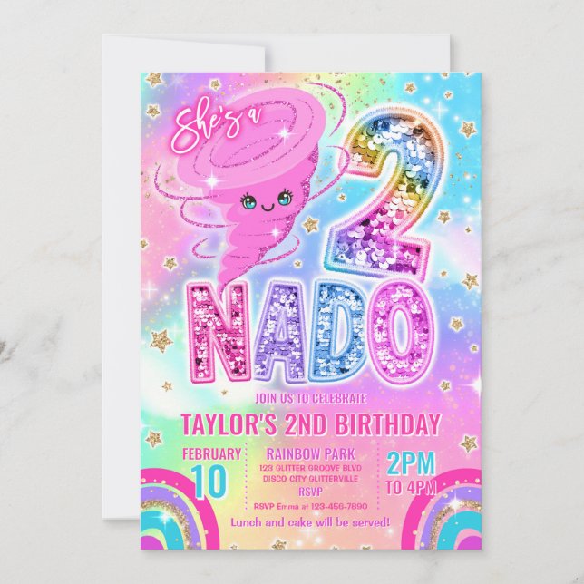 Två Nado Rainbow Glitter 2-års födelsedagsfest  Inbjudningar (Framsida)