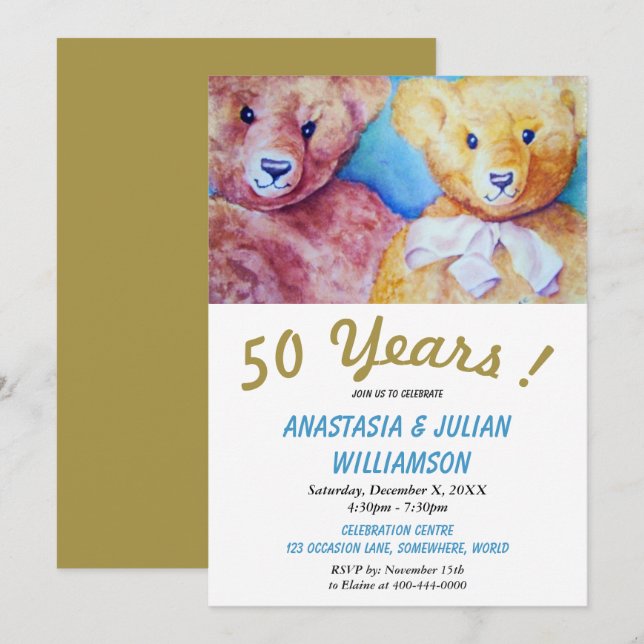 TVÅ NALLAR 50 ÅR TILLSAMMANS MED PARTSINBJUDAN INBJUDNINGAR (Fram/baksida)