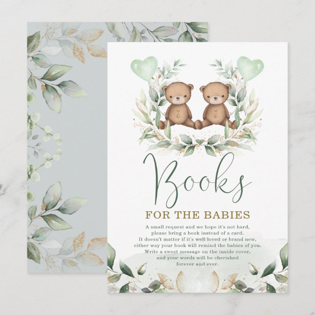 Två Nallar Greenery Guld Bokar för Baby Tilläggskort (Fram/baksida)
