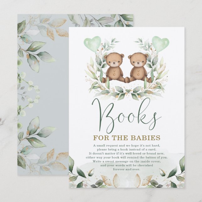 Två Nallar Greenery Guld Bokar för Baby Tilläggskort (Fram/baksida)