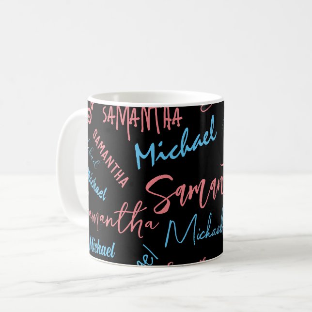 Två namn par mönster monogram blå ljus rosa kaffemugg (Framsida vänster)
