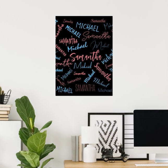Två namn par mönster monogram blå ljus rosa poster (Hemmakontoret)