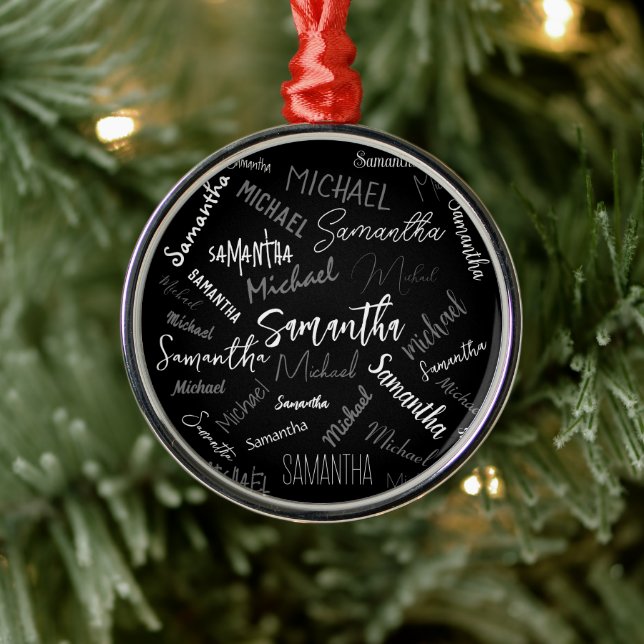 Två namn par mönster monogram svart grått vitt julgransprydnad metall (Träd)