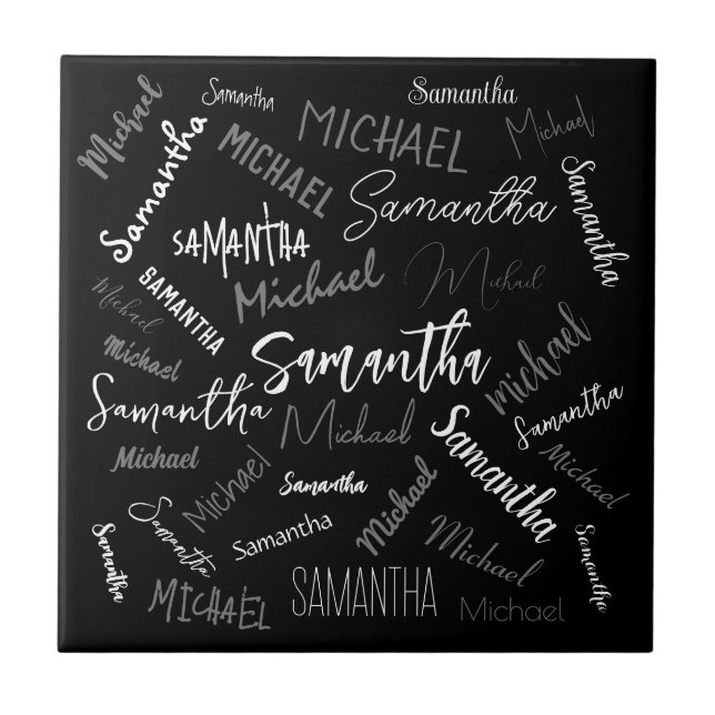 Två namn par mönster monogram svart grått vitt kakelplatta (Framsidan)