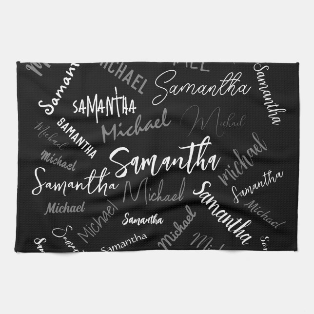 Två namn par mönster monogram svart grått vitt kökshandduk (Horisontell)