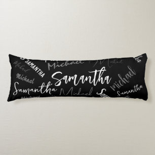 Två namn par mönster monogram svart grått vitt kroppskudde