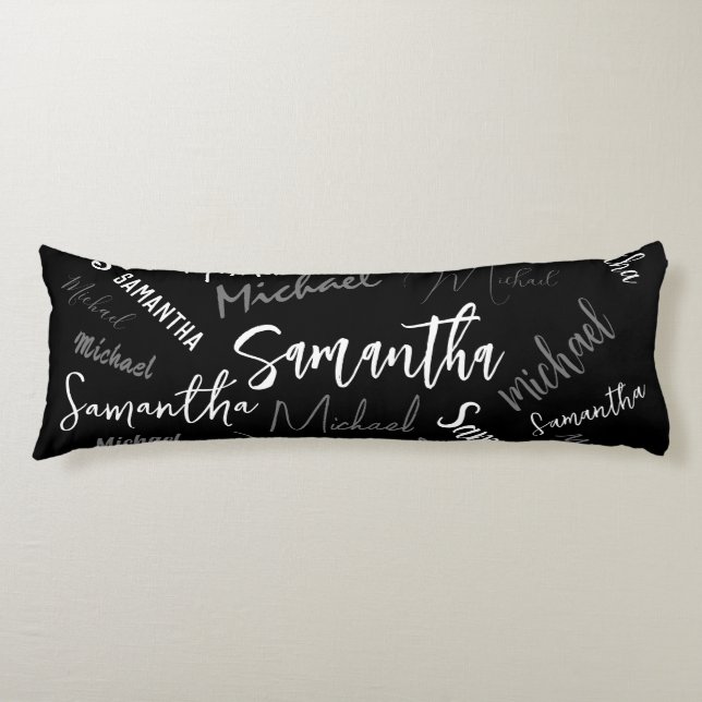 Två namn par mönster monogram svart grått vitt kroppskudde (Framsidan)