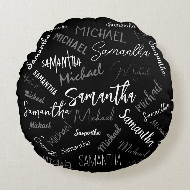 Två namn par mönster monogram svart grått vitt rund kudde (Framsidan)