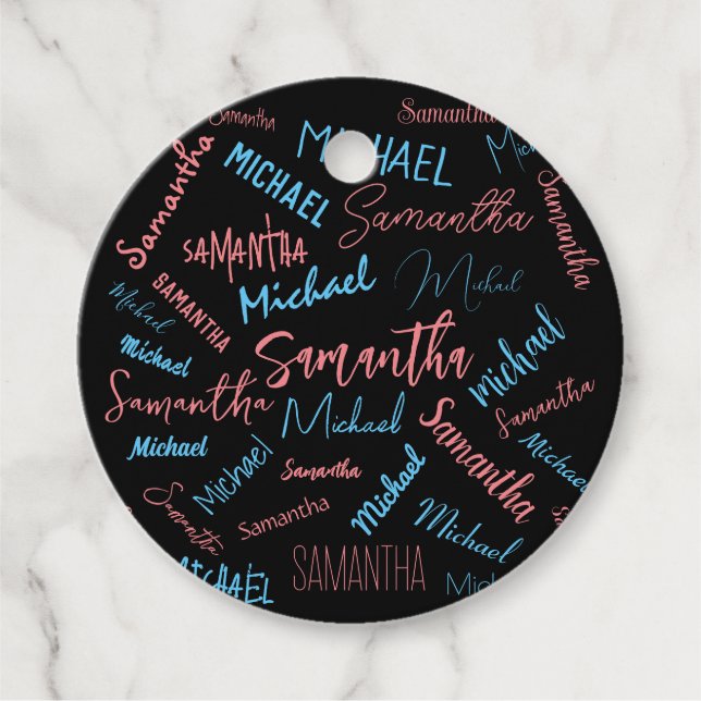 Två namn par mönster monogramblå ljus rosa gåvor etiketter (Framsida)