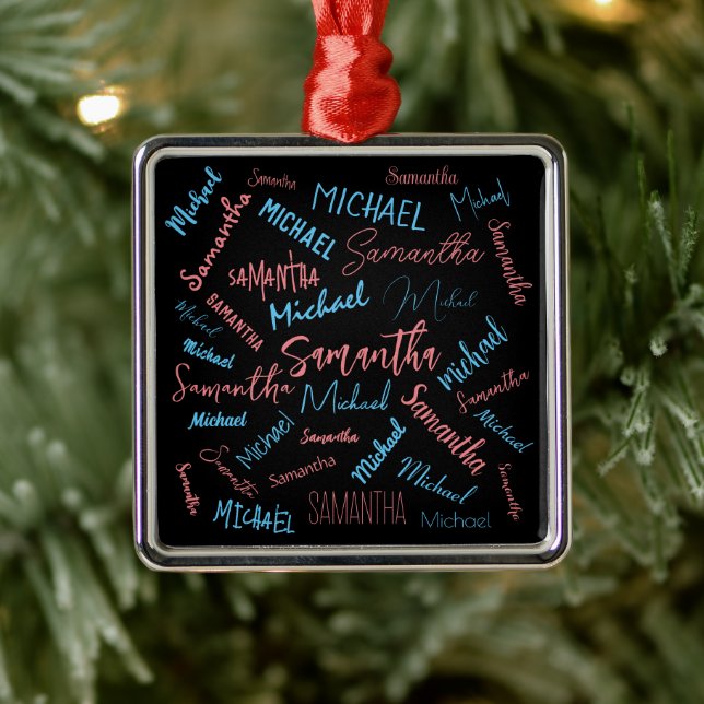 Två namn par mönster monogramblå ljus rosa julgransprydnad metall (Träd)