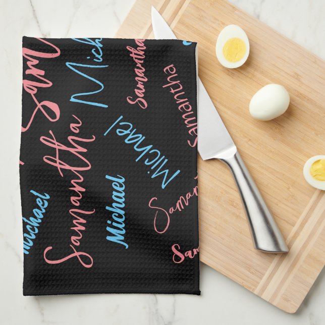 Två namn par mönster monogramblå ljus rosa kökshandduk (Vikt i Fjärdedel)