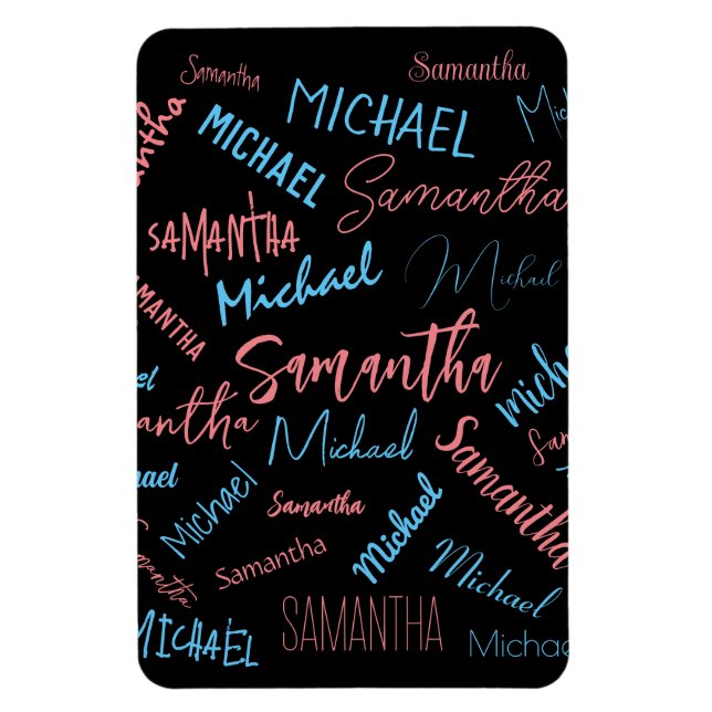 Två namn par mönster monogramblå ljus rosa magnet (Vertikal)