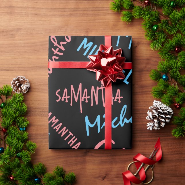 Två namn par mönster monogramblå ljus rosa presentpapper (Julgåva)