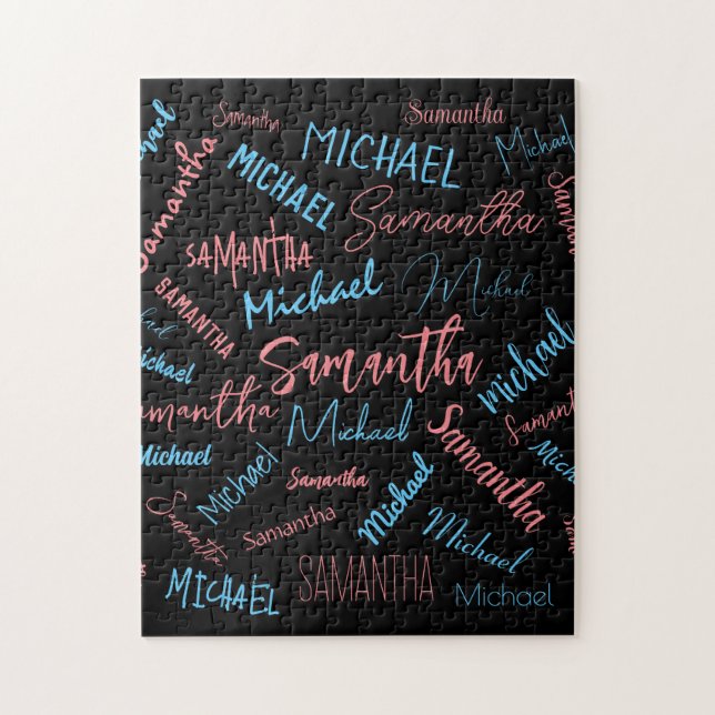 Två namn par mönster monogramblå ljus rosa pussel (Vertikal)