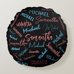 Två namn par mönster monogramblå ljus rosa rund kudde