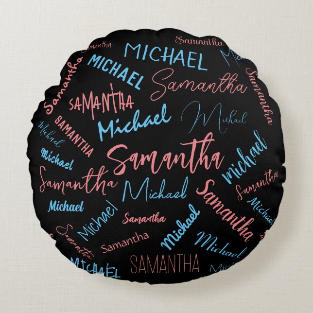 Två namn par mönster monogramblå ljus rosa rund kudde (Framsidan)