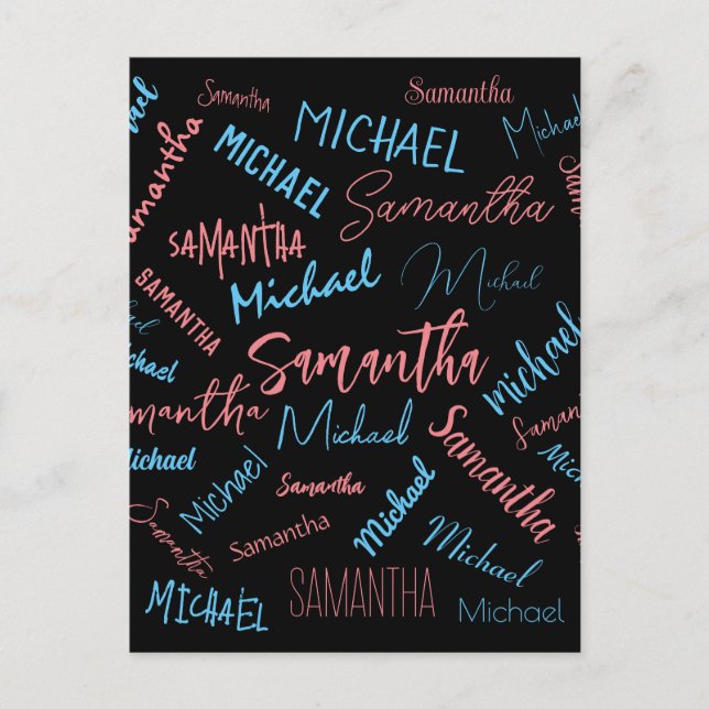 Två namn par mönster monogramblå ljus rosa vykort (Framsida)