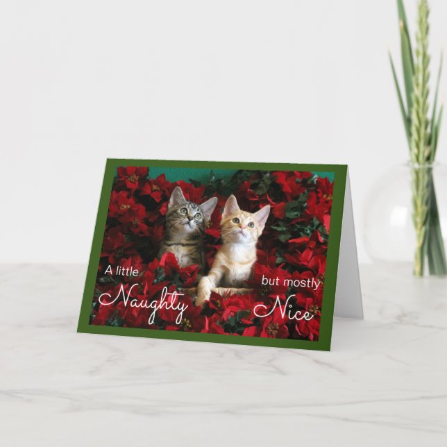 Två Naughty och Nice Kittens i Poinsettias Helgkort (Framsida)