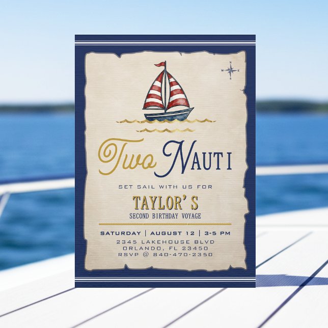 Två Nauti segelbåt 2-års födelsedagsfest Inbjudningar (Skapare uppladdad)