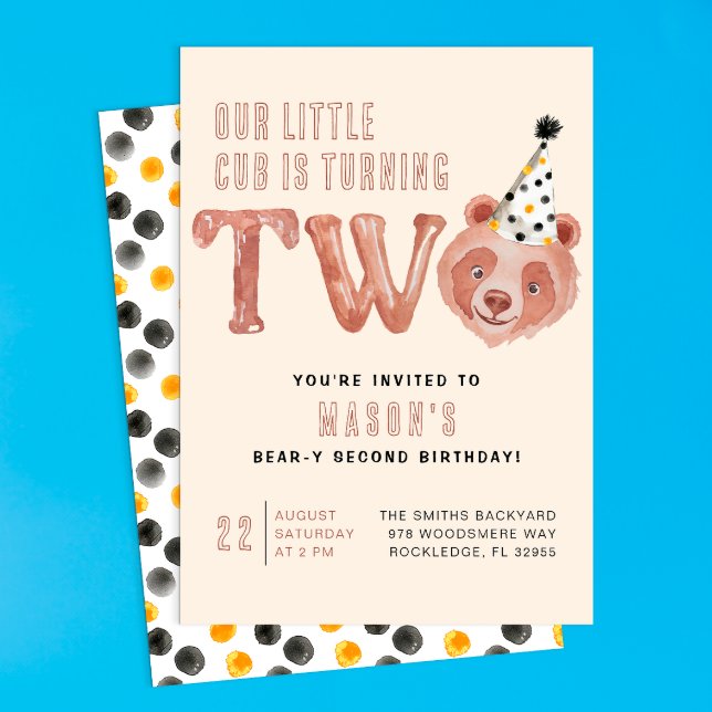 Två och två gånger som utsänd 2:a födelsedagsinbju inbjudningar (Little Bear | Bear-y Cute Birthday Invite)