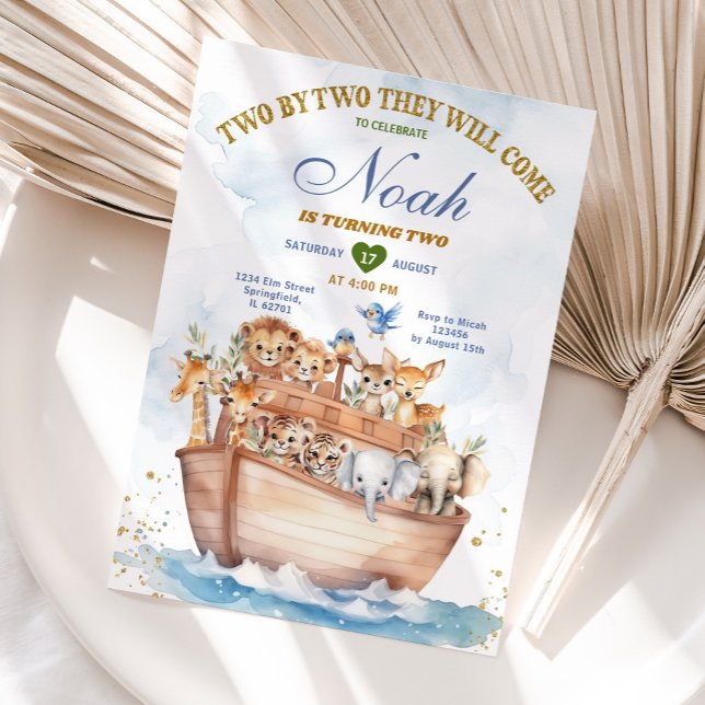 Två och två Noahs ark Djur Safari 2-årsdag Inbjudningar (Skapare uppladdad)