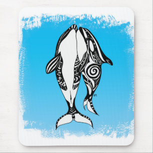 Två orca Whales Tribal Blue Brushed Musmatta