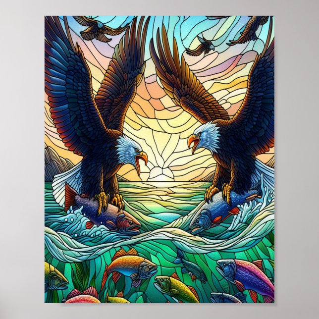 Två Örn som fångar fisk över vatten 8 x 10 Poster (Framsidan)