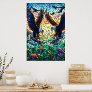 Två Örnar som fångar fisk över en vibrantflod Poster