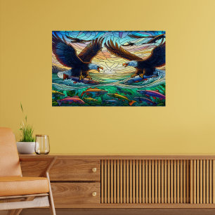 Två Örnar som fångar fisk över en vibrantflod Poster