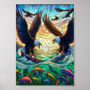 Två Örnar som fångar fisk över vatten 5"x7" Poster