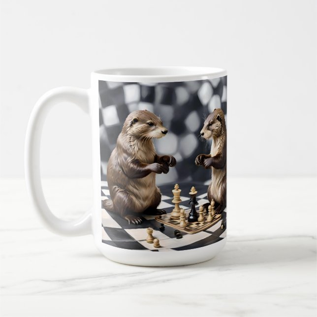 Två otters spelar schack. kaffemugg (Vänster)