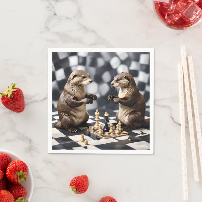 Två otters spelar schack. pappersservett (Insitu)