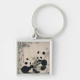 Två Pandas Fyrkantig Silverfärgad Nyckelring