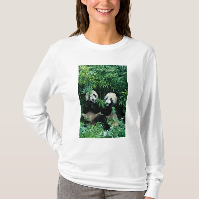 Två pandor som äter bambu tillsammans, Wolong Tee Shirt (Framsida)