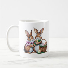 Två Påskhare kaniner w Basket och ägg Kaffemugg