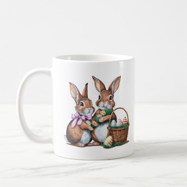 Två Påskhare kaniner w Basket och ägg Kaffemugg (Vänster)