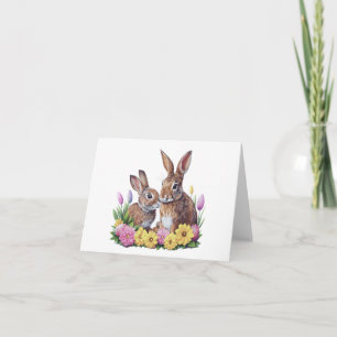 Två Påskhare med Blommor BLANK Kort